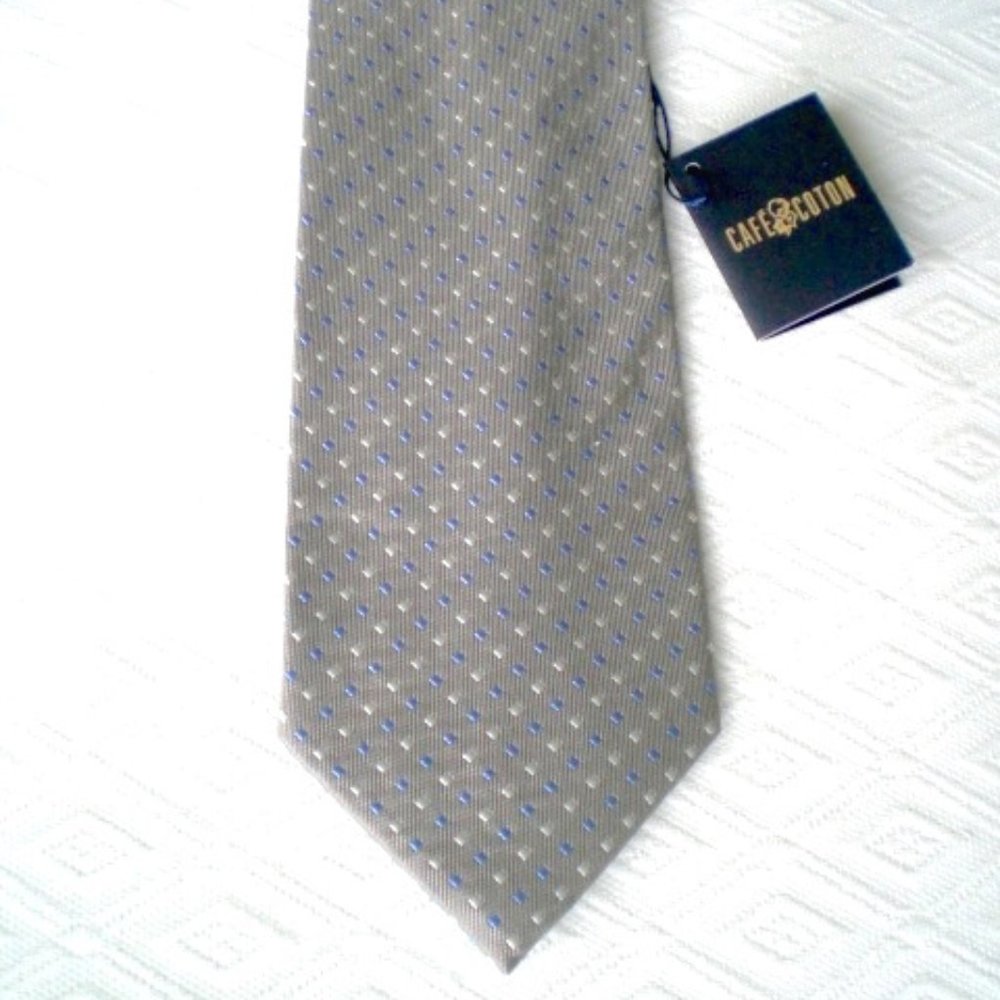 NEW CAFE COTON made in France beige blue pin dot geometric 100% silk tie